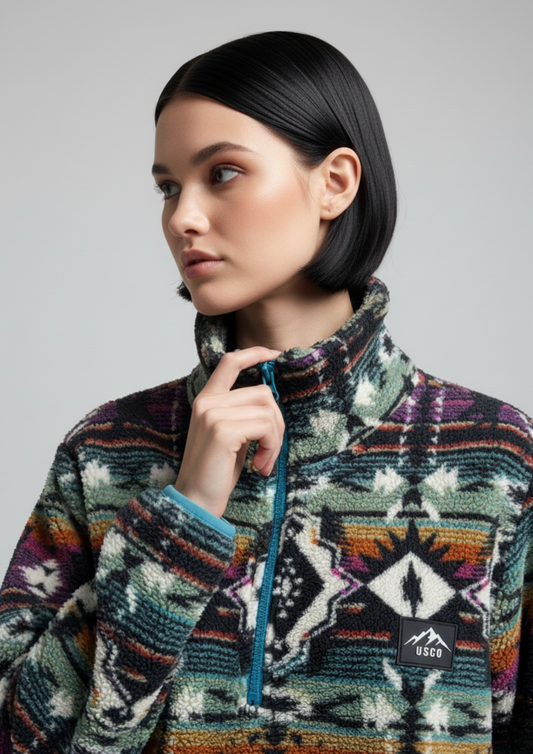 The Trek fleece in Rainbow Aztec