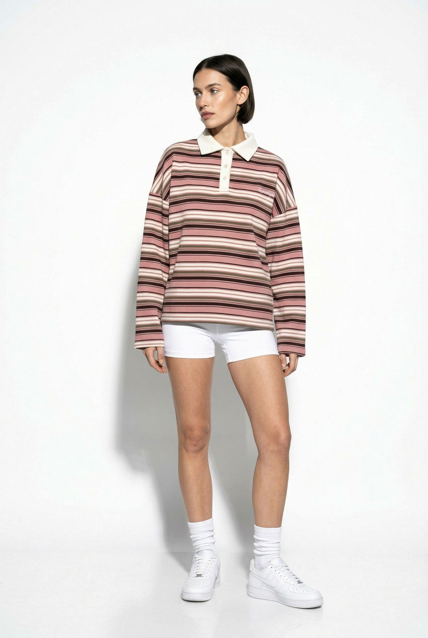 Scandi Collared 'Copenhagen' Pullover in Pink With Stripes
