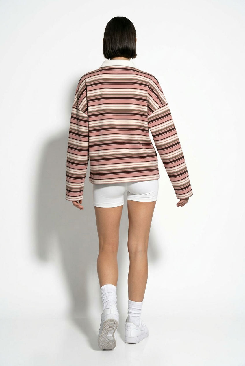 Scandi Collared 'Copenhagen' Pullover in Pink With Stripes