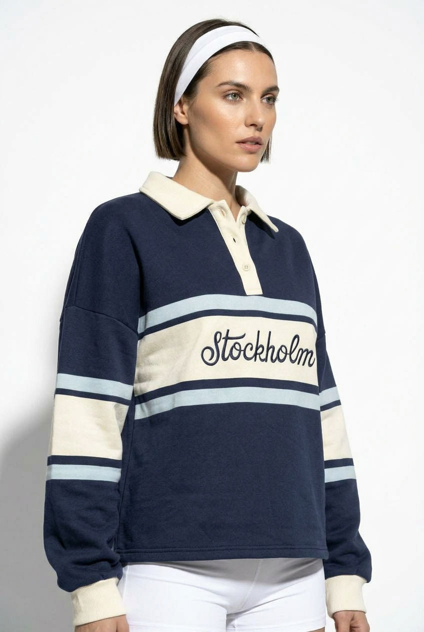 Scandi Collar 'Stockholm' Pullover in Navy Stripe