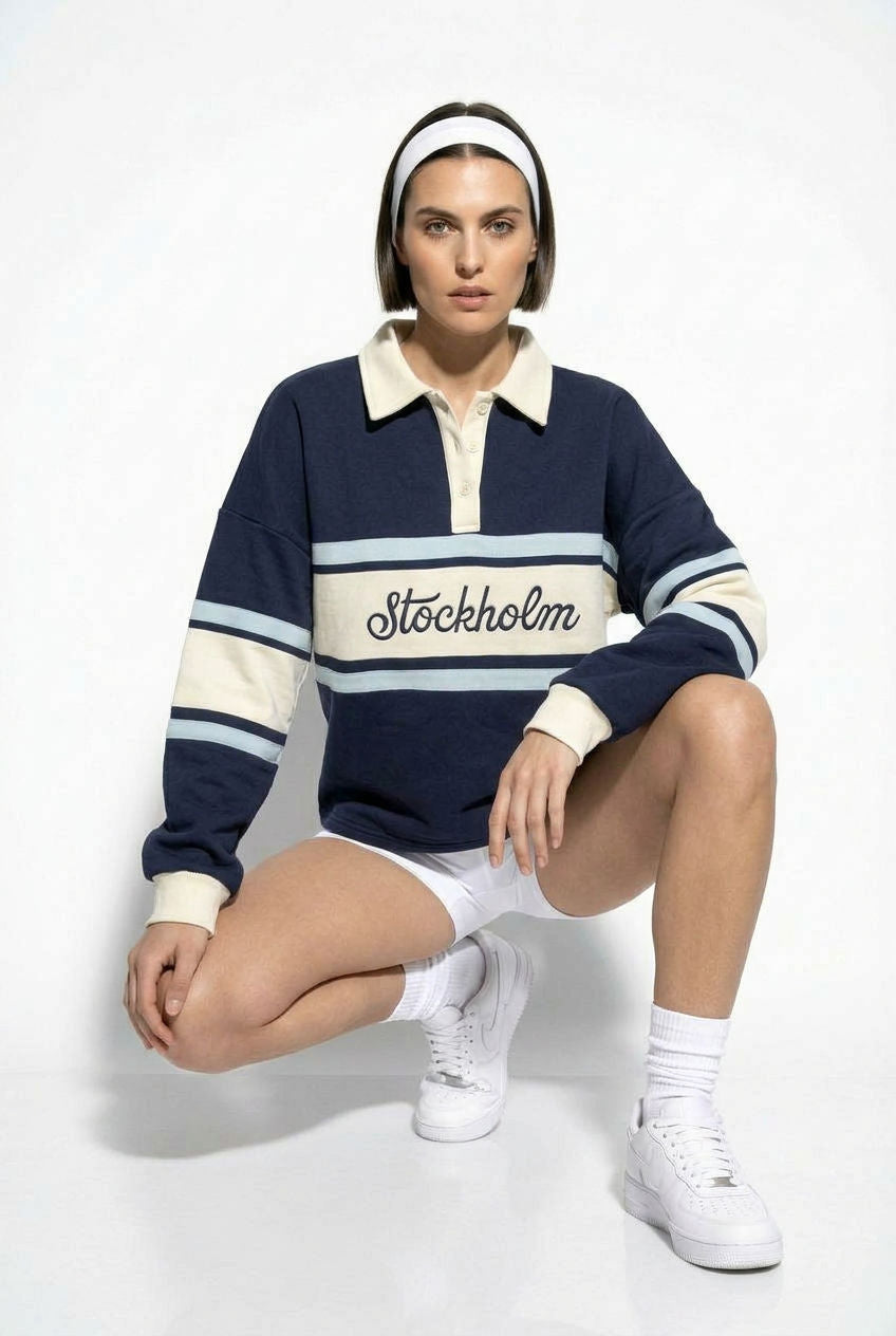 Scandi Collar 'Stockholm' Pullover in Navy Stripe