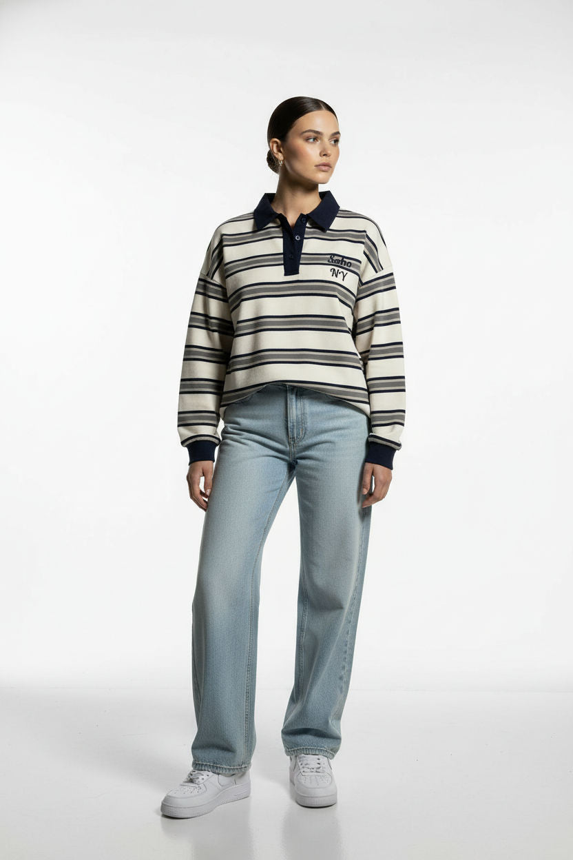 Scandi Collared Pullover in cream striped