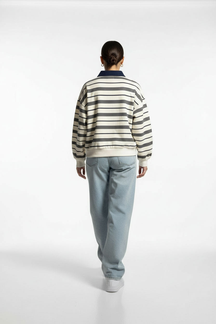 Scandi Collared Pullover in cream striped