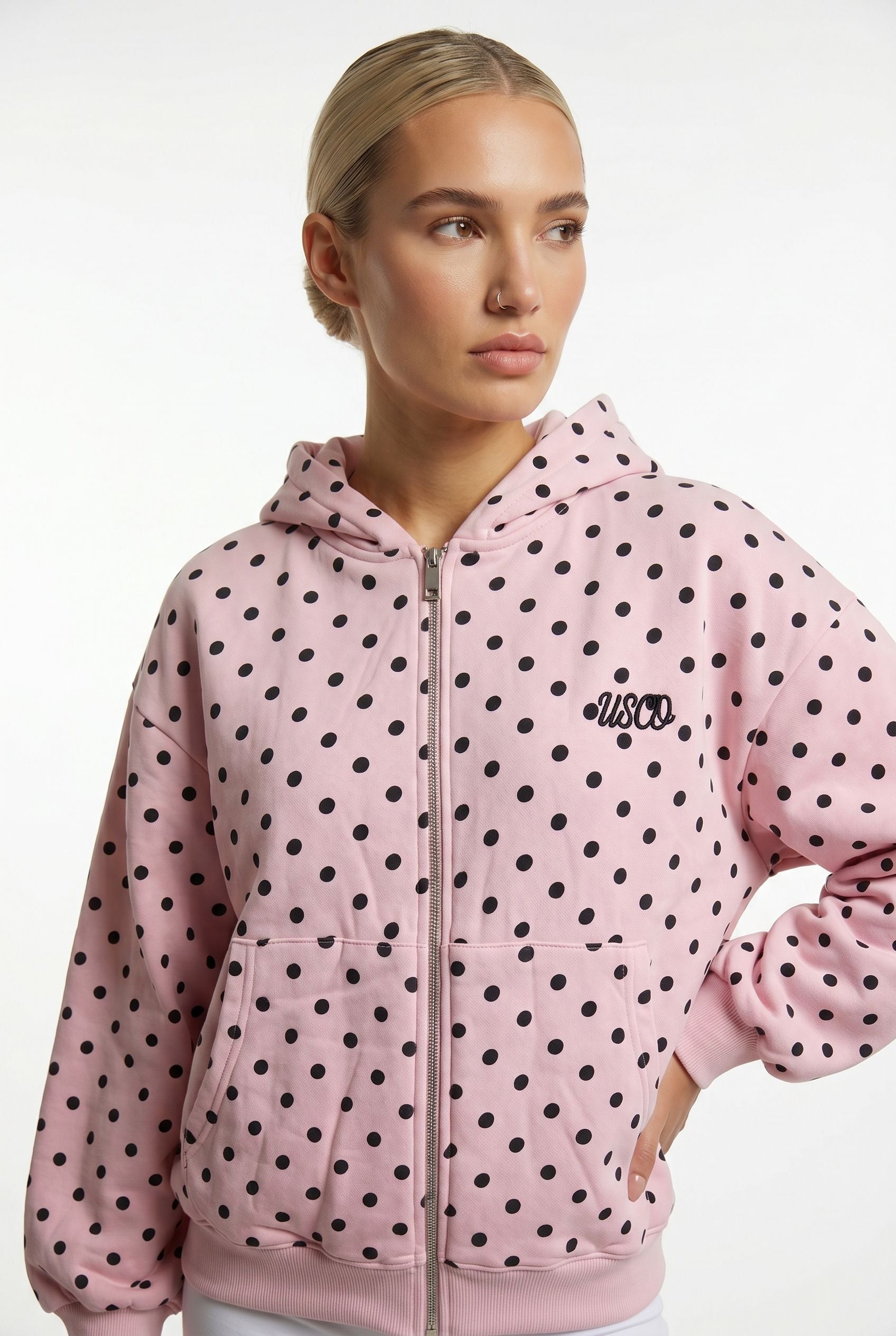 The Minnie zip up in Pink Polka Dot