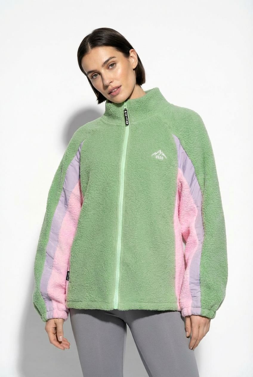 THE LUMI FULL-ZIP FLEECE IN GREEN AND MULTI COLOUR SLEEVES