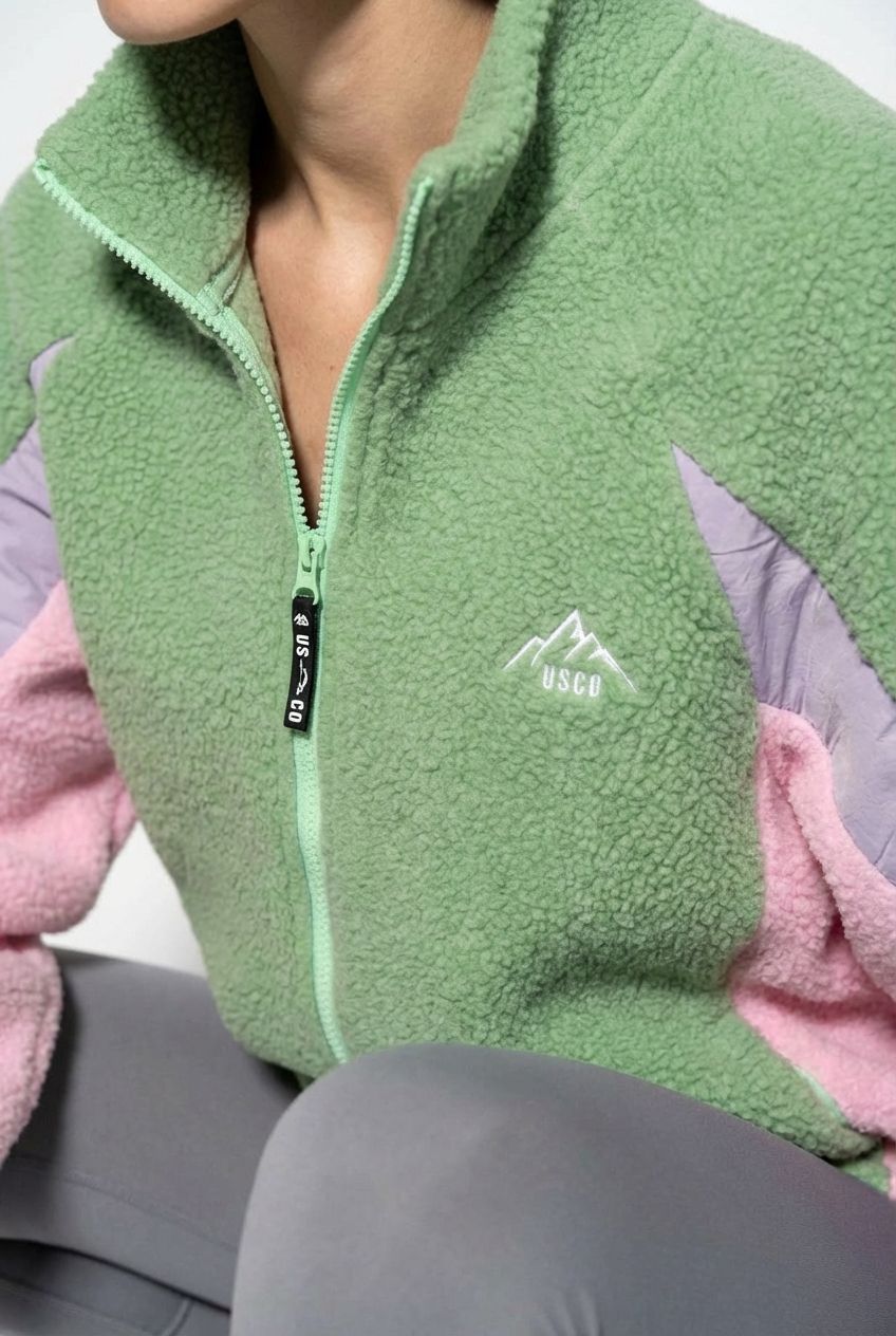 THE LUMI FULL-ZIP FLEECE IN GREEN AND MULTI COLOUR SLEEVES