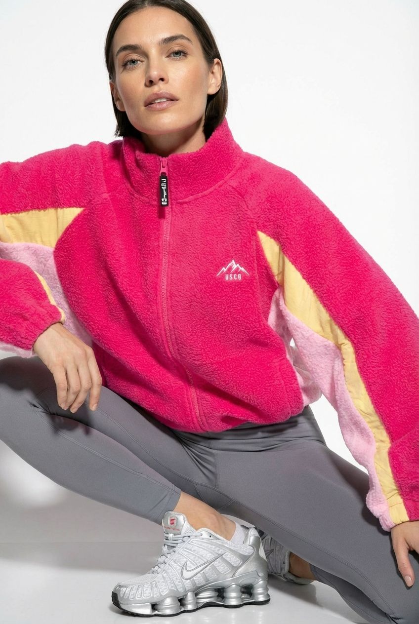 THE LUMI FULL-ZIP FLEECE IN PINK AND MULTI COLOUR SLEEVES